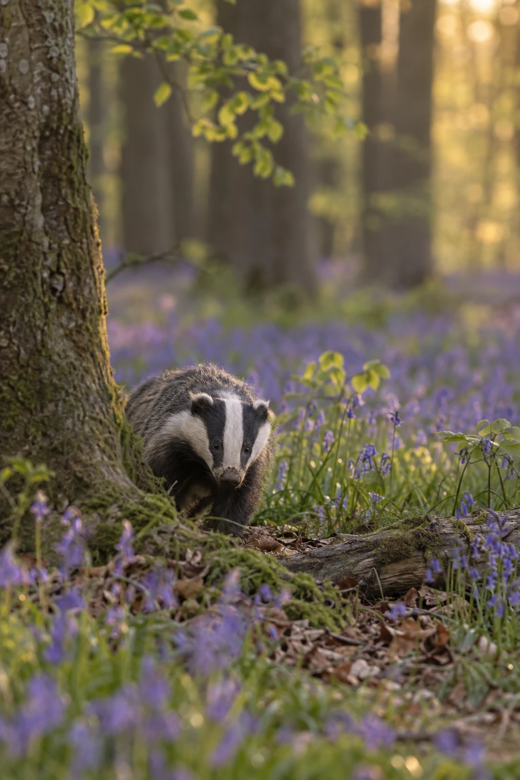 Badger at the edge of a bluebell wood