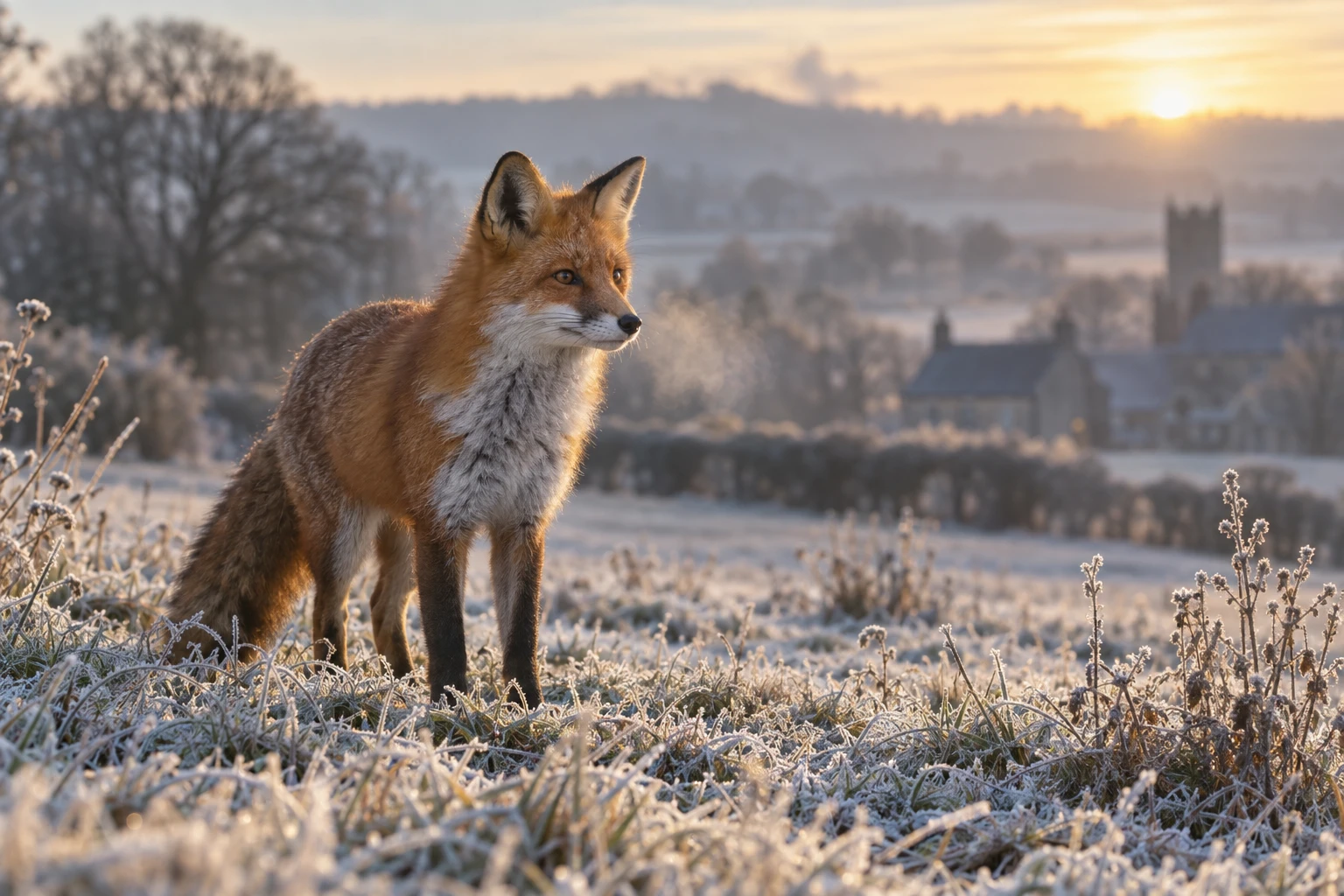 Red fox in a frosted field