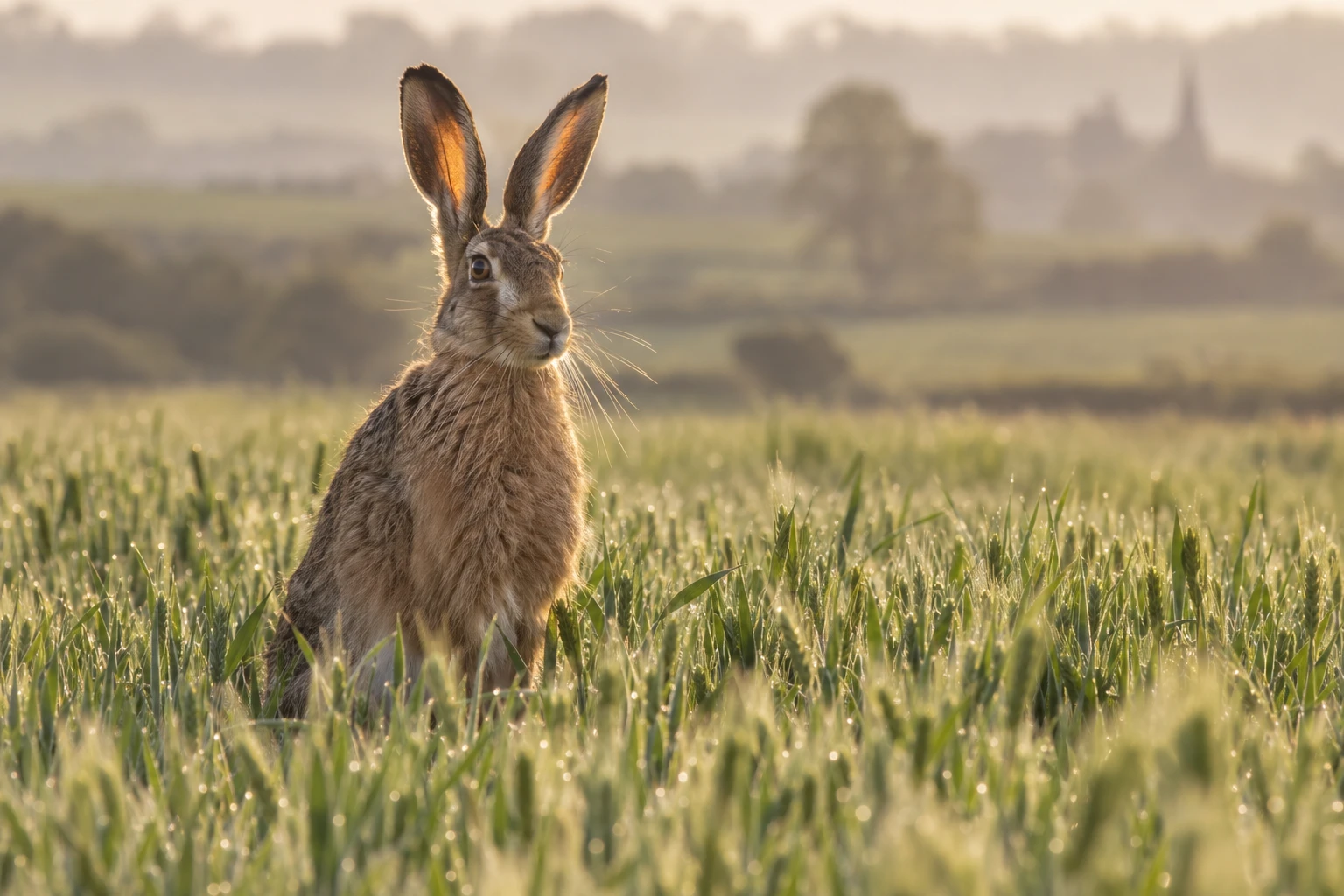 Brown hare sitting upright in young barley
