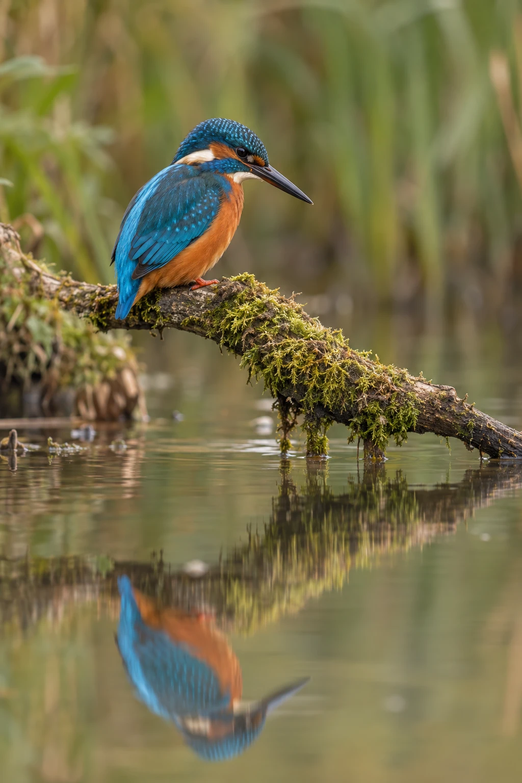 Kingfisher perched on a mossy branch above a river