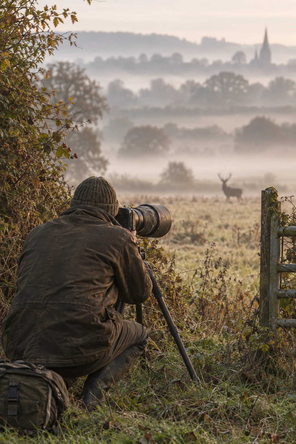 Nick Hume photographing a stag from a hedgerow on a misty morning