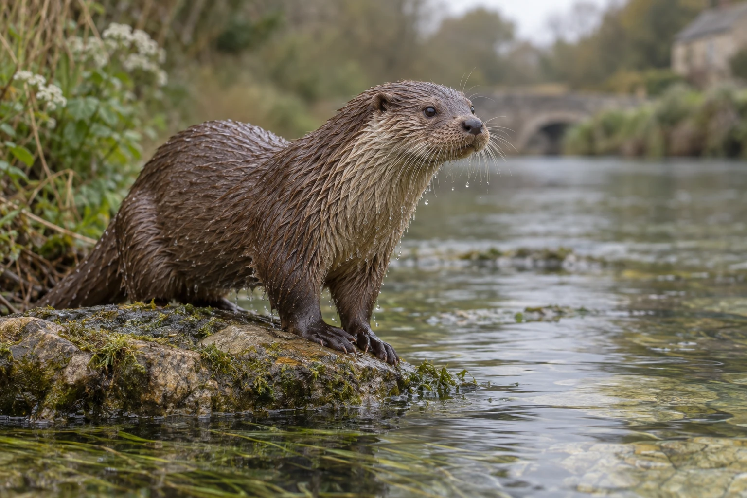 Otter on a wet rock beside a chalk stream