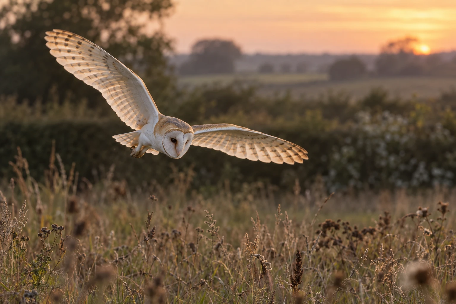 Barn owl hunting low over a meadow at dusk